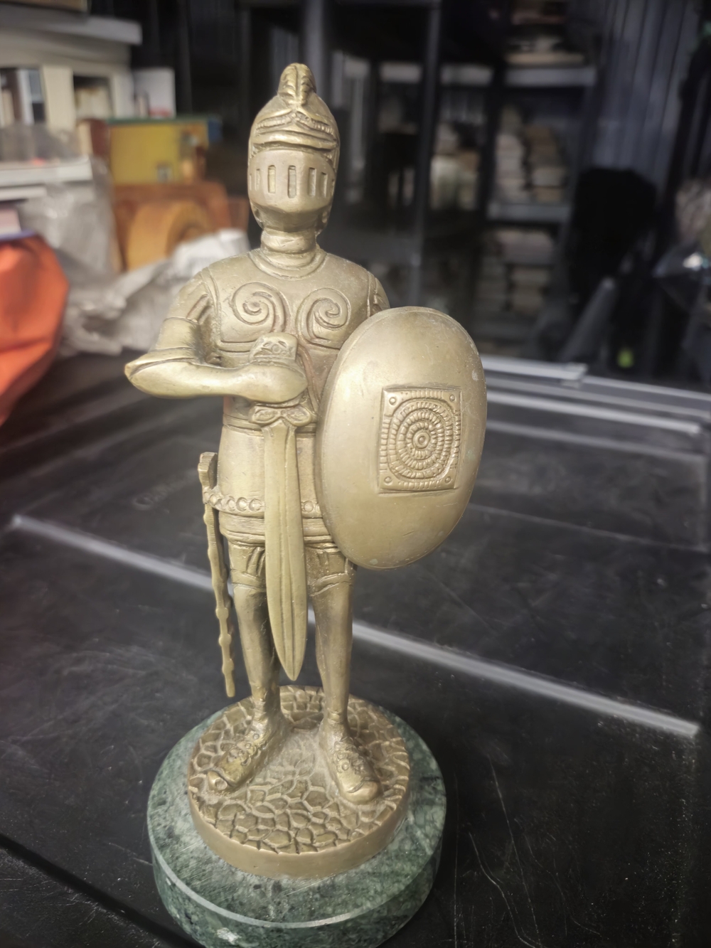 Brass Knight Figurine on Green Marble Base - Decorative Home Art